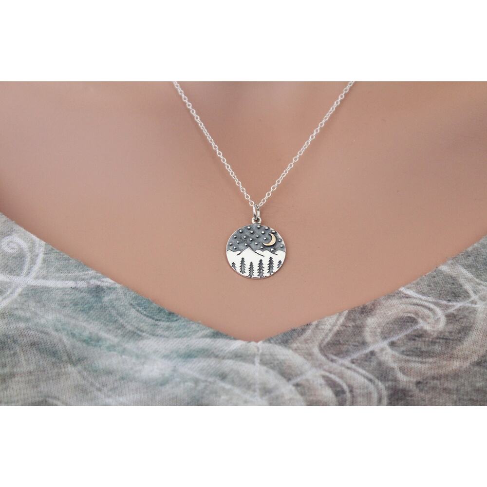 Sterling Silver Mountain Charm with Trees and Bronze Moon Necklace